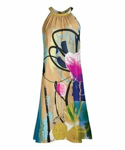 Lily | Beige & Blue Abstract Sleeveless Yoke Dress - Women