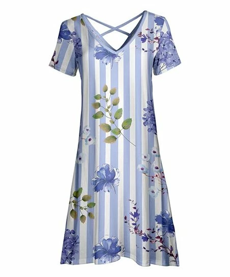 Lily | Lavender & Blue Floral Stripe Crisscross-Back V-Neck Dress - Women 1 Lily | Lavender & Blue Floral Stripe Crisscross-Back V-Neck Dress - Women