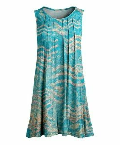 Lily | Turquoise & Yellow Wavy Lines Pleated Sleeveless Tunic - Women