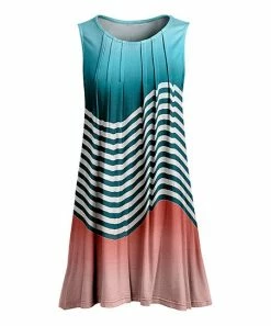Lily | Teal & Coral Wavy Stripe & Ombré Pleated Sleeveless Tunic - Women
