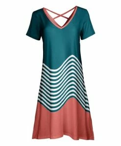Lily | Teal & Coral Stripe Wave Crisscross-Back V-Neck Dress - Plus