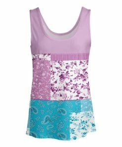 Lily | Blue & Pink Floral Paisley Patchwork Scoop Neck Tank - Plus