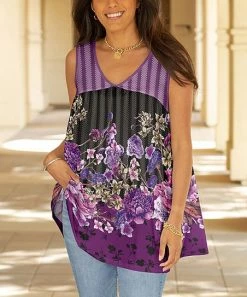 Lily | Purple & Black Floral Stripe Color Block V-Neck Sleeveless Tunic - Women