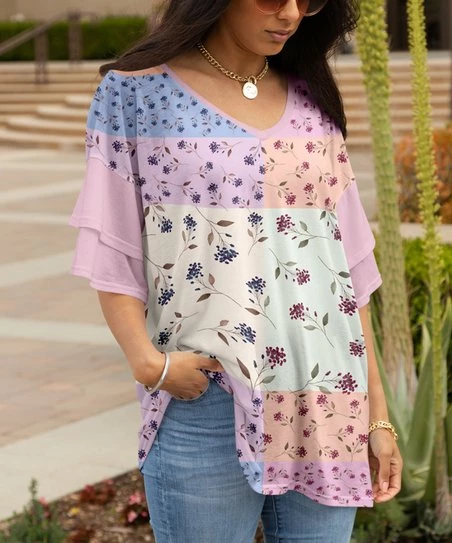 Lily | Pink & Cream Floral V-Neck Ruffle-Sleeve Tunic - Women 1 Lily | Pink & Cream Floral V-Neck Ruffle-Sleeve Tunic - Women