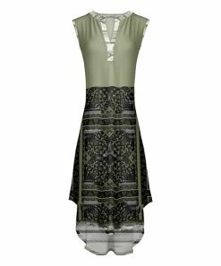 Lily | Olive & Black Arabesque Notch Neck Sleeveless Hi-Low Dress - Women