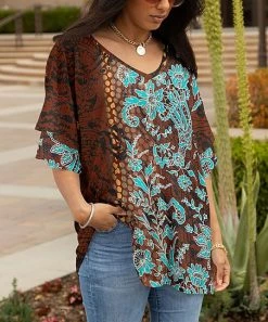 Lily | Brown & Turquoise Floral V-Neck Tunic - Women & Plus