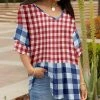 Lily | Red & Blue Gingham Color Block V-Neck Layered Ruffle-Sleeve Tunic - Women