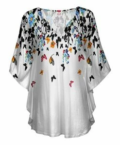Lily | White & Black Butterflies Sweetheart-Neck Cape-Sleeve Tunic - Plus
