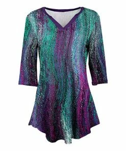 Lily | Purple & Turquoise Abstract Three-Quarter Sleeve V-Neck Tunic - Plus