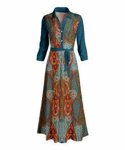 Lily | Orange & Teal Paisley Tie-Waist Button-Front Long-Sleeve Maxi Dress - Plus