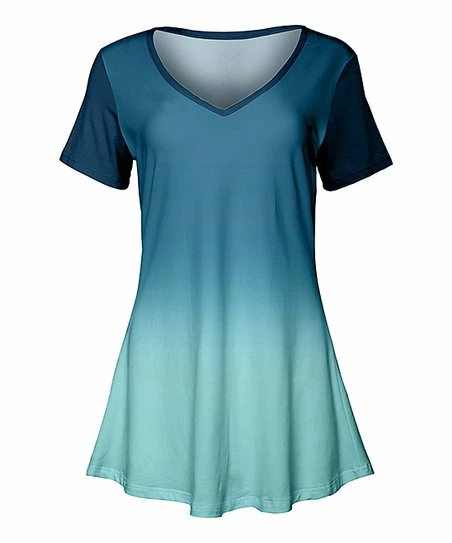 Lily | Aqua & Navy Ombré Short-Sleeve V-Neck Tunic - Women 1 Lily | Aqua & Navy Ombré Short-Sleeve V-Neck Tunic - Women