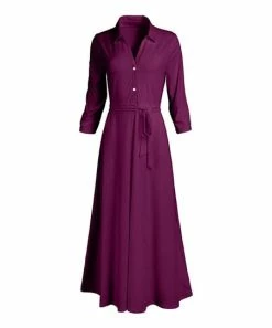 Lily | Plum Tie-Waist Button-Front Long-Sleeve Maxi Dress - Women