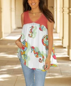 Lily | Coral & White Seahorse Sleeveless V-Neck Tunic - Women