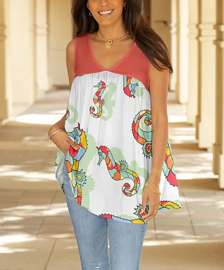 Lily | Coral & White Seahorse Sleeveless V-Neck Tunic - Women 1 Lily | Coral & White Seahorse Sleeveless V-Neck Tunic - Women