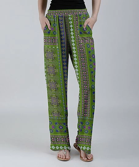 Lily | Green & Purple Geometric Pocket Wide-Leg Pants - Women 1 Lily | Green & Purple Geometric Pocket Wide-Leg Pants - Women