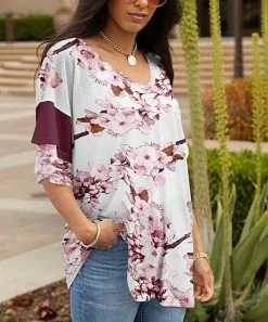 Lily | Pink & White Floral Branches V-Neck Tunic - Plus