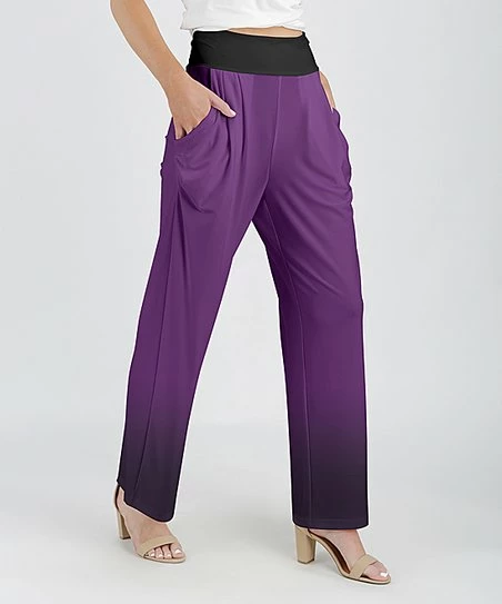 Lily | Purple & Black Ombre Pocket Wide-Leg Pants - Women 1 Lily | Purple & Black Ombre Pocket Wide-Leg Pants - Women