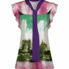 Lily | Pink & Green Abstract Tie-Neck Angel-Sleeve Tunic - Women