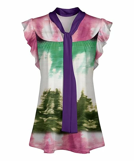Lily | Pink & Green Abstract Tie-Neck Angel-Sleeve Tunic - Women 1 Lily | Pink & Green Abstract Tie-Neck Angel-Sleeve Tunic - Women