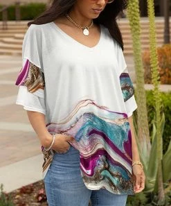 Lily | White & Teal Abstract V-Neck Tunic - Women