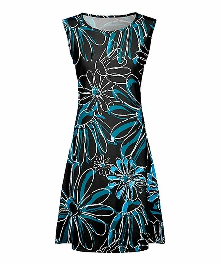 Lily | Black & Teal Floral A-Line Dress - Women 1 Lily | Black & Teal Floral A-Line Dress - Women