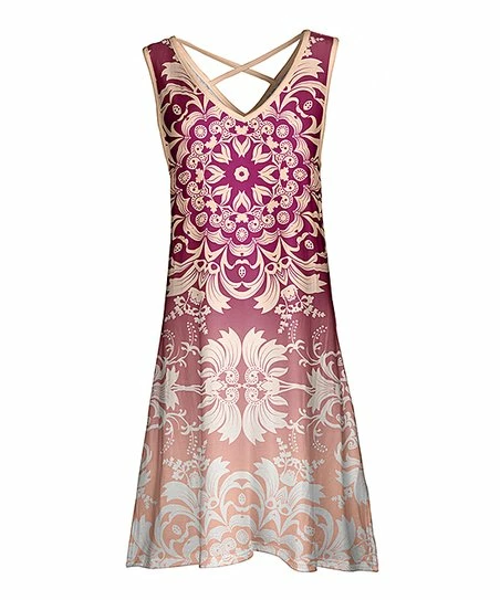 Lily | Pink & Fuchsia Damask V-Neck Crisscross-Back Sleeveless Dress - Women 1 Lily | Pink & Fuchsia Damask V-Neck Crisscross-Back Sleeveless Dress - Women