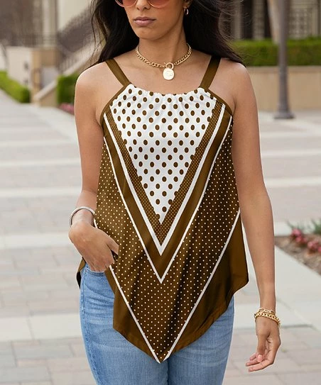 Lily | Brown & White Chevron Polka Dot Sleeveless Triangle-Hem Tunic - Women 1 Lily | Brown & White Chevron Polka Dot Sleeveless Triangle-Hem Tunic - Women