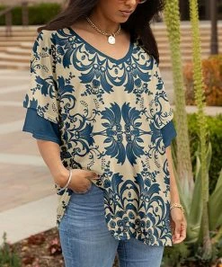 Lily | Teal & Beige Arabesque V-Neck Layered-Sleeve Tunic - Women