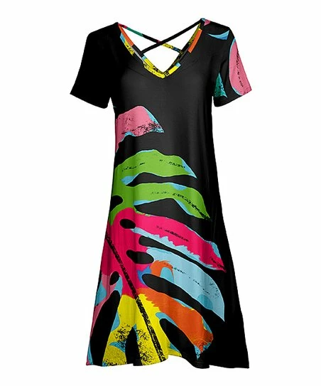 Lily | Black & Pink Leaf Crisscross-Back Shift Dress - Plus 1 Lily | Black & Pink Leaf Crisscross-Back Shift Dress - Plus
