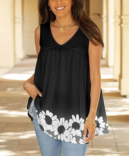 Lily | Black & White Floral Sleeveless Tunic - Plus 1 Lily | Black & White Floral Sleeveless Tunic - Plus