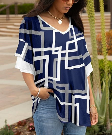 Lily | Navy & Gray Abstract Layered-Sleeve V-Neck Tunic - Plus 1 Lily | Navy & Gray Abstract Layered-Sleeve V-Neck Tunic - Plus