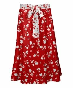 Lily | Red & White Foliage Tie-Waist Midi Skirt - Women