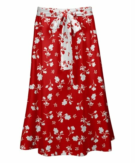 Lily | Red & White Foliage Tie-Waist Midi Skirt - Women 1 Lily | Red & White Foliage Tie-Waist Midi Skirt - Women