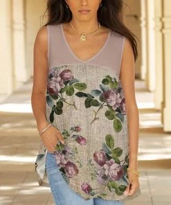 Lily | Beige & Green Floral Sleeveless V-Neck Tunic - Women
