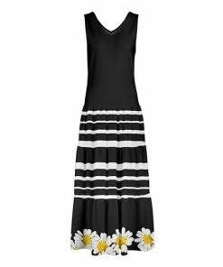 Lily | Black & White Stripe Daisy Sleeveless V-Neck Maxi Dress - Women