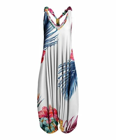 Lily | White & Blue Tropical Floral Racerback Harem Jumpsuit - Plus 1 Lily | White & Blue Tropical Floral Racerback Harem Jumpsuit - Plus