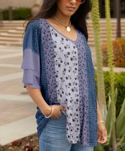 Lily | Blue & Lavender Floral Ruffle-Sleeve V-Neck Tunic - Women