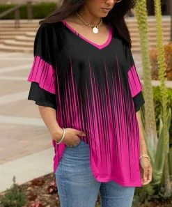 Lily | Black & Pink Abstract Ruffle-Sleeve V-Neck Tunic - Plus