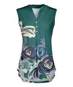 Lily | Teal & Blue Floral Button-Front Sleeveless Tunic - Women