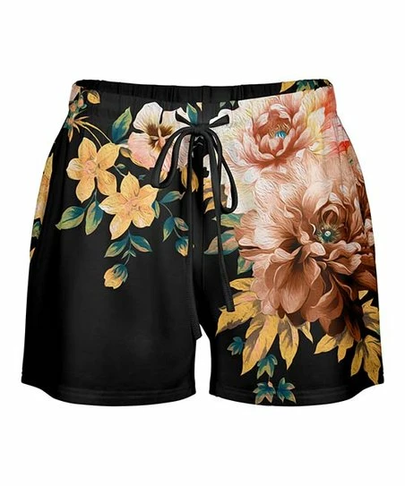 Lily | Black & Beige Floral Drawstring Shorts - Women 1 Lily | Black & Beige Floral Drawstring Shorts - Women
