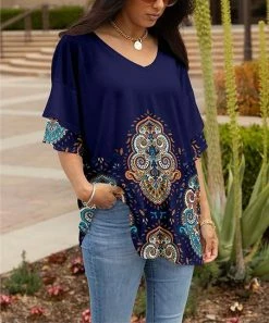 Lily | Navy & Orange Medallion Ruffle-Sleeve V-Neck Tunic - Plus