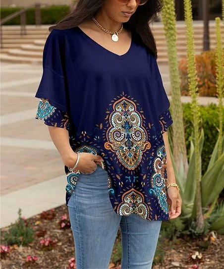 Lily | Navy & Orange Medallion Ruffle-Sleeve V-Neck Tunic - Plus 1 Lily | Navy & Orange Medallion Ruffle-Sleeve V-Neck Tunic - Plus