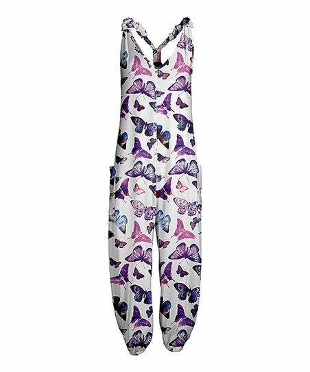 Lily | White & Purple Butterflies Pocket Racerback Jumpsuit - Women 1 Lily | White & Purple Butterflies Pocket Racerback Jumpsuit - Women