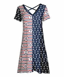 Lily | Red & Navy Stripe Anchor Crisscross-Back V-Neck Dress - Women