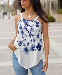 Lily | White & Blue Floral Branch Sleeveless Triangle-Hem Tunic - Women