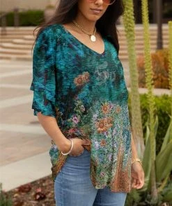 Lily | Teal & Rust Abstract Floral Ruffle-Sleeve V-Neck Tunic - Women