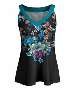 Lily | Teal & Black Floral V-Neck Tank - Plus