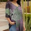 Lily | Purple & Olive Abstract Floral Ruffle-Sleeve V-Neck Tunic - Plus