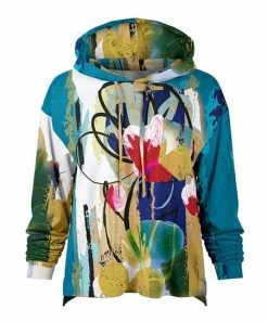 Lily | Blue & Beige Abstract Flower Loose Fit Patch-Pocket Hoodie - Women & Plus
