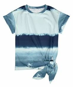 Lily | Turquoise & Navy Watercolor Stripe Knot-Hem Top - Women